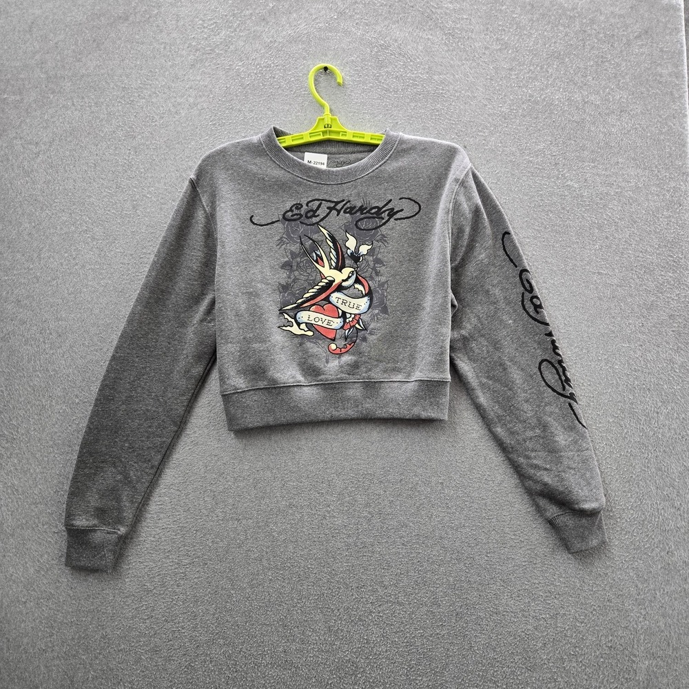 Ed Hardy Women Sweatshirt S Gray Crop Graphic Fleece Bird Heart True Love Logo